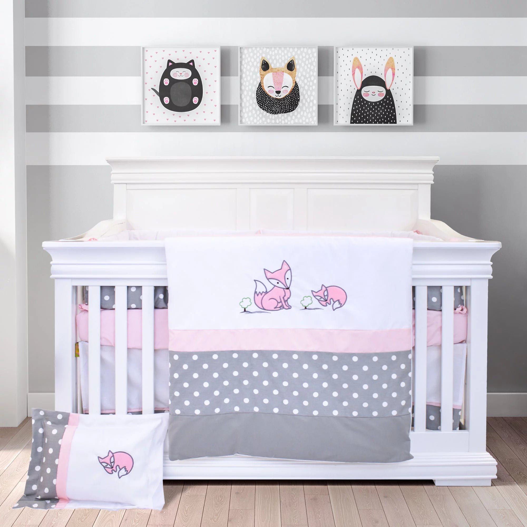 7 Pieces Baby Bedding Set - Nursery Crib Set Including Skirt, Comforter, Quilt Cover, Fitted Sheet, and More for Kids, Boys, Girls | Gray and White Polka Dots with Pink Fox Pattern