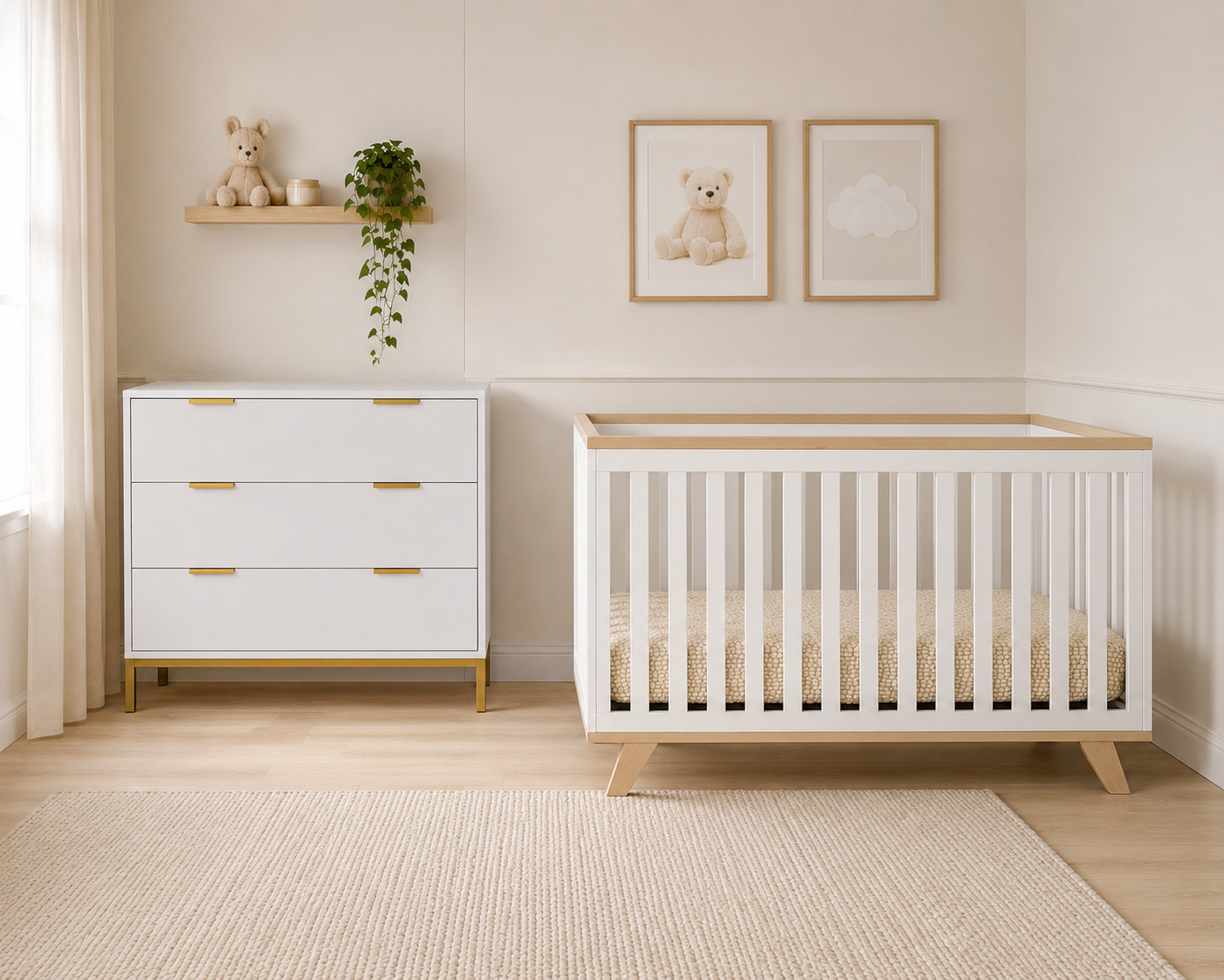 Amara 2-Piece Nursery Furniture Set | 3-in-1 Convertible Crib & 3-Drawer Dresser in White, Natural Wood & Gold