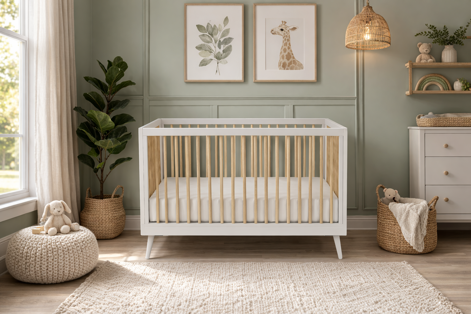 Alder Modern Baby Crib 3-in-1 | White & Natural Wood Slat Crib
