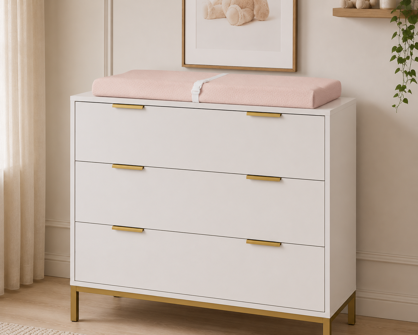 Amara 2-Piece Nursery Furniture Set | 3-in-1 Convertible Crib & 3-Drawer Dresser in White, Natural Wood & Gold