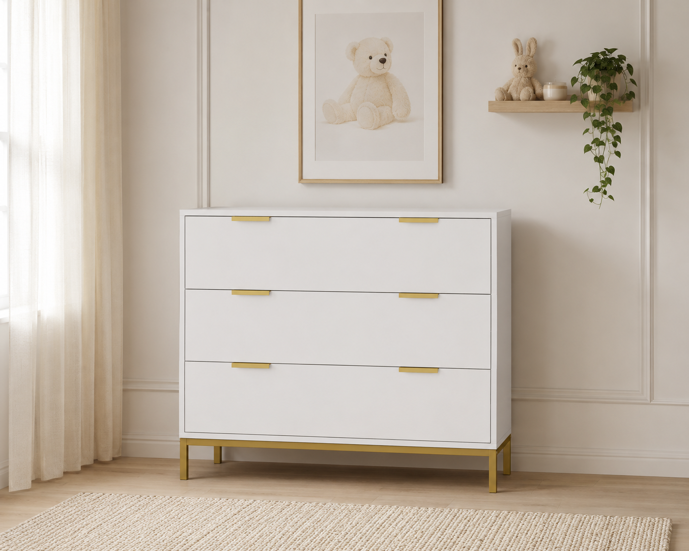Amara 2-Piece Nursery Furniture Set | 3-in-1 Convertible Crib & 3-Drawer Dresser in White, Natural Wood & Gold