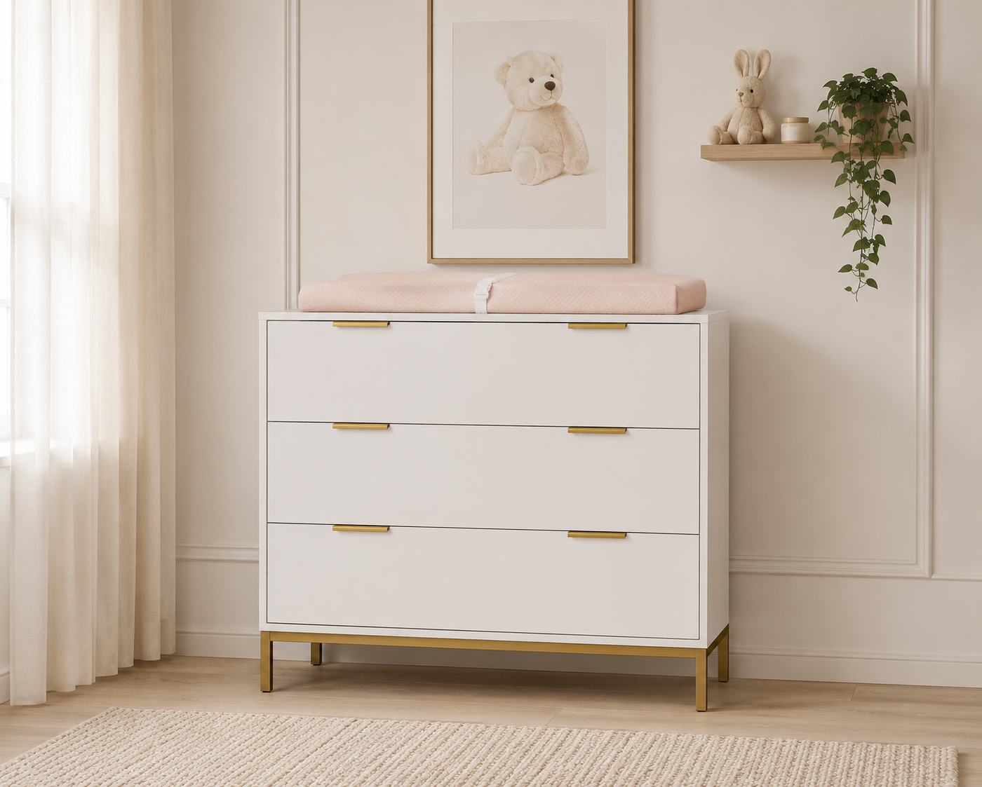 Amara 2-Piece Nursery Furniture Set | 3-in-1 Convertible Crib & 3-Drawer Dresser in White, Natural Wood & Gold