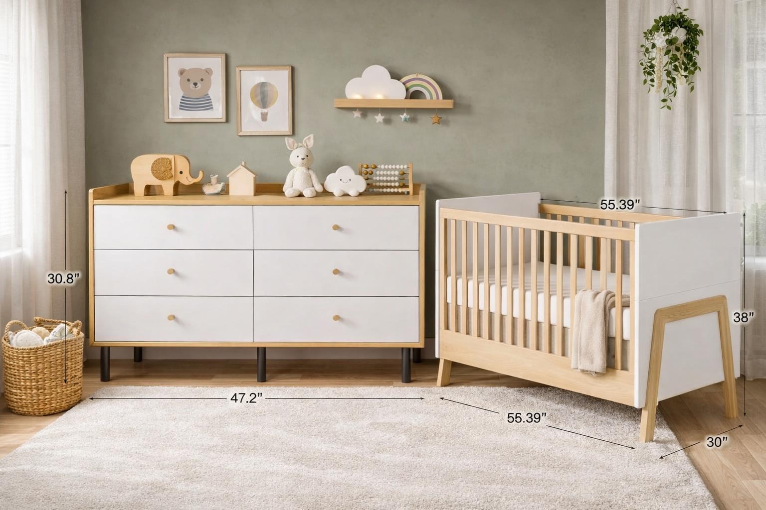Meadow Nursery Set (Crib + 6 Drawer Dresser) | Natural Wood + White