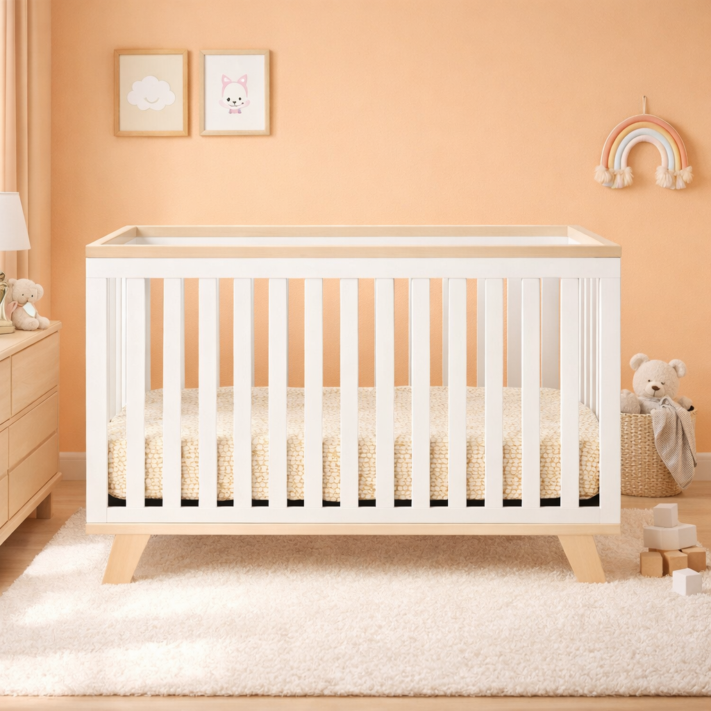 Amara 2-Piece Nursery Furniture Set | 3-in-1 Convertible Crib & 3-Drawer Dresser in White, Natural Wood & Gold