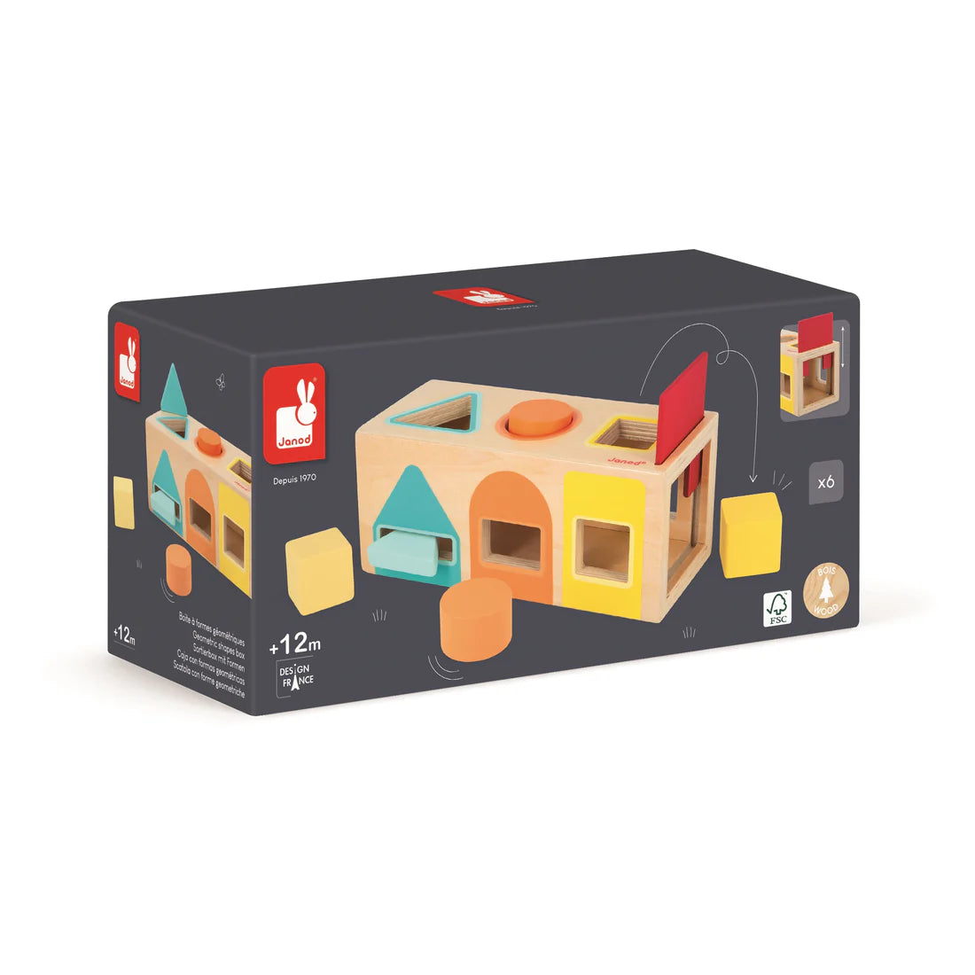 Janod Sensory Geometric Shape Box | Wooden Shape Sorter Toy