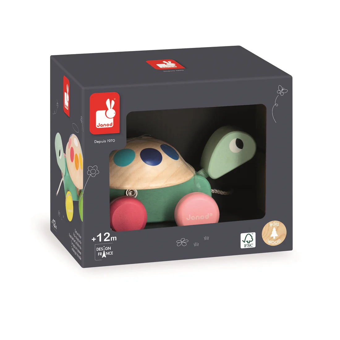 Janod Zigolos Pull-Along Turtle | Wooden Pull Toy for Toddlers