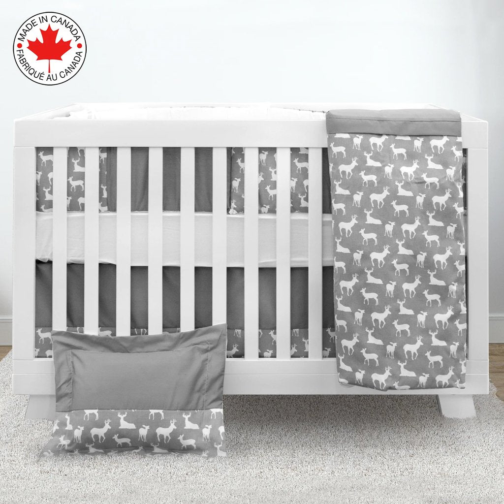 7 Pieces Nursery Crib Bedding Set Including Skirt, Comforter, Quilt Cover, Fitted Sheet, and More for Kids, Baby Boys and Girls |Gray and White with Deer Pattern