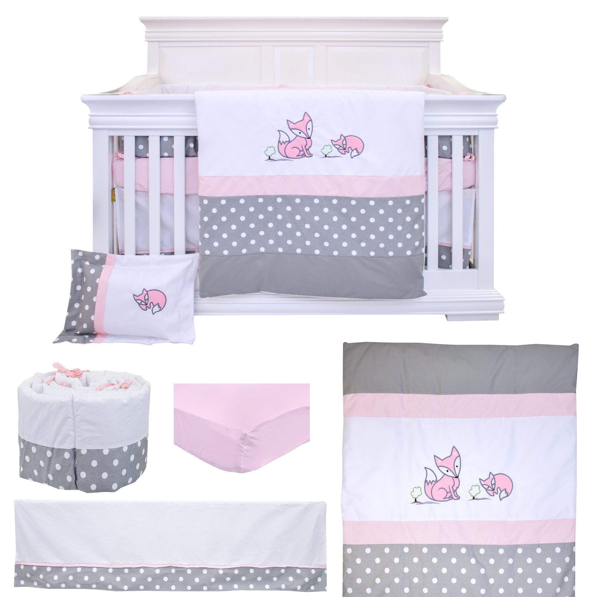 Baby Fox 7-Piece Bedding | Pink + Grey