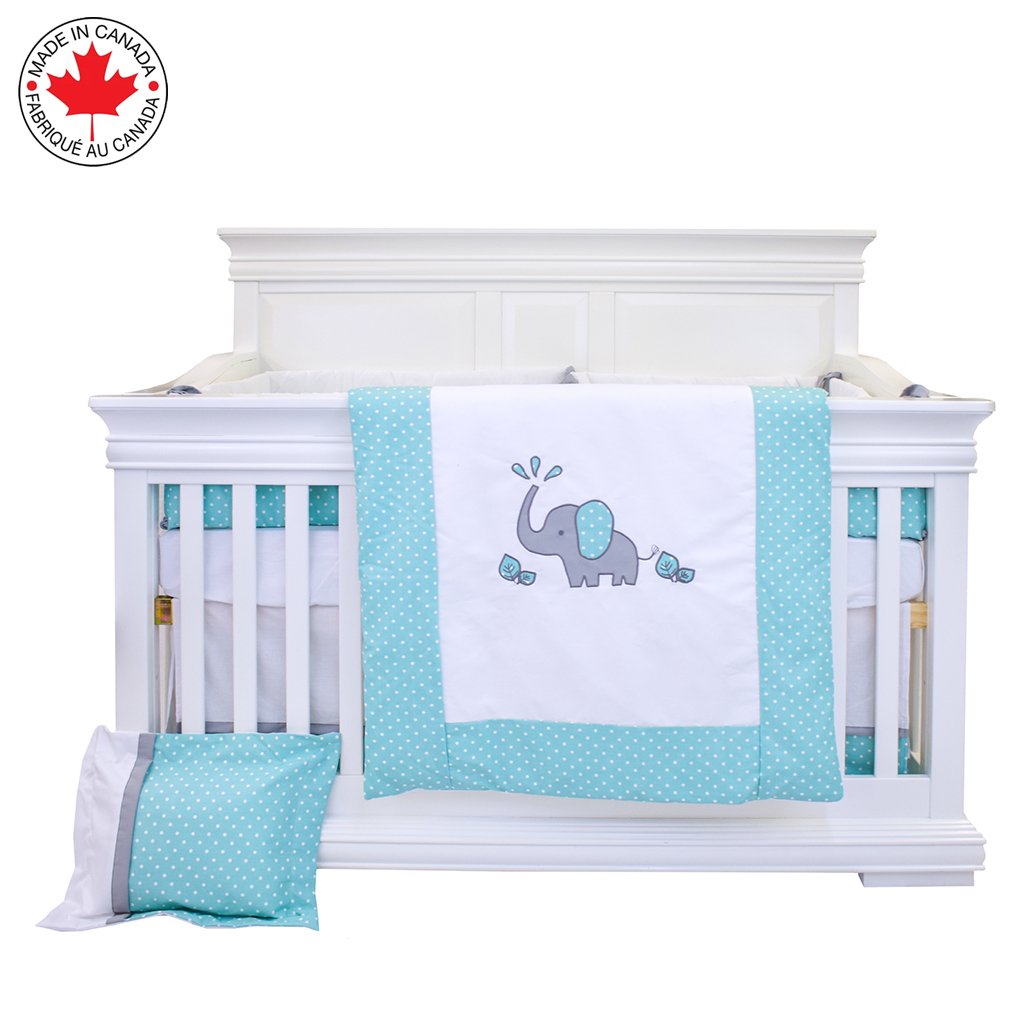 7 Pieces Baby Bedding Set - Nursery Crib Set Including Skirt, Comforter, Quilt Cover, Fitted Sheet, and More for Kids, Boys, Girls | Small Dots Pattern with Elephant Embroidered