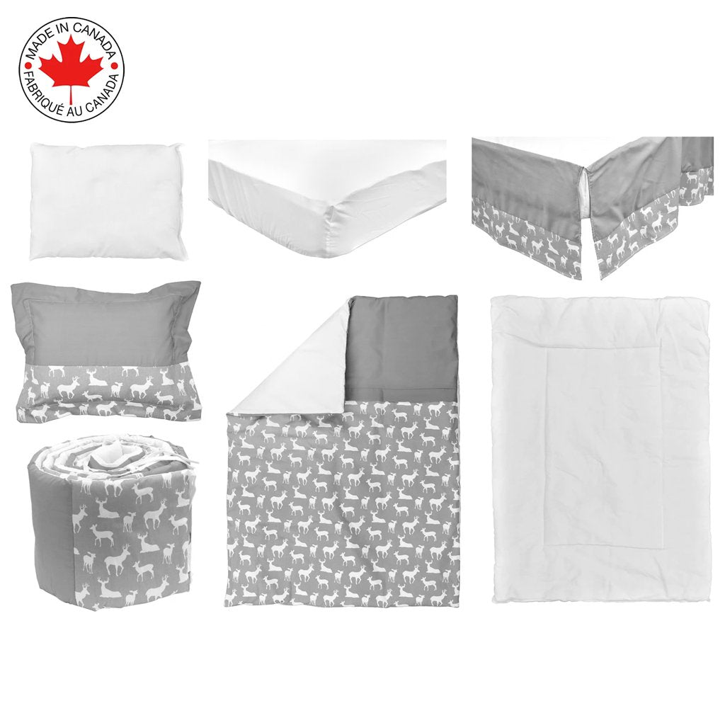 7 Pieces Nursery Crib Bedding Set Including Skirt, Comforter, Quilt Cover, Fitted Sheet, and More for Kids, Baby Boys and Girls |Gray and White with Deer Pattern